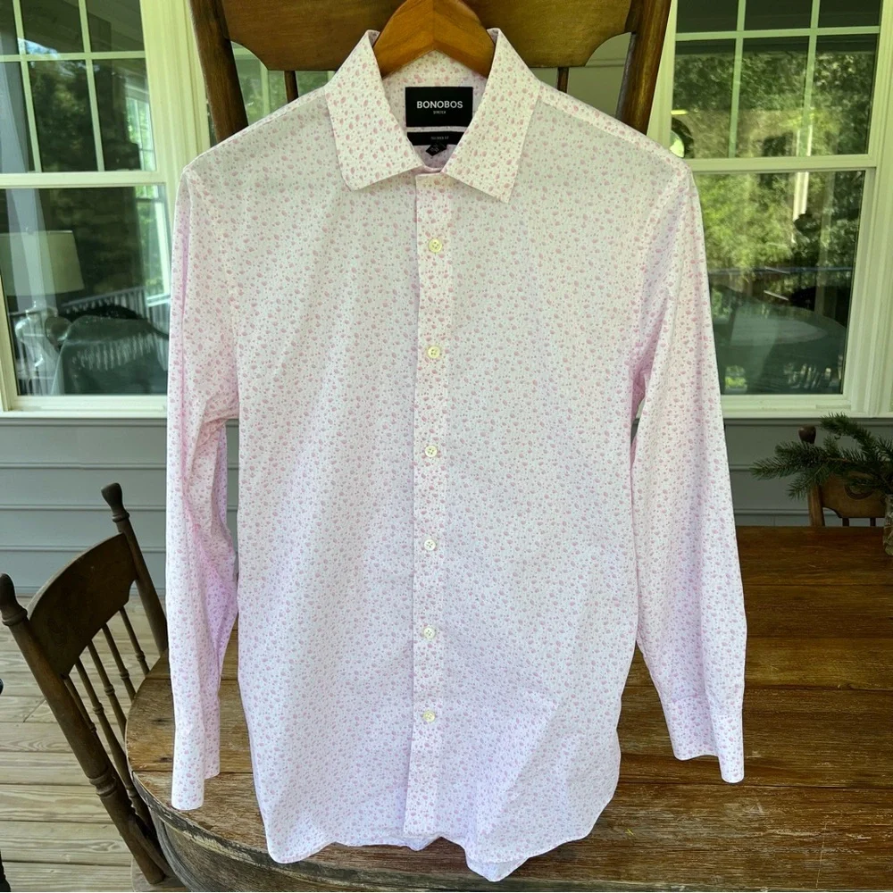 Bonobos Dress Shirt Pink Floral Slim Fit Cotton Long Sleeve Button Down 15.5/32